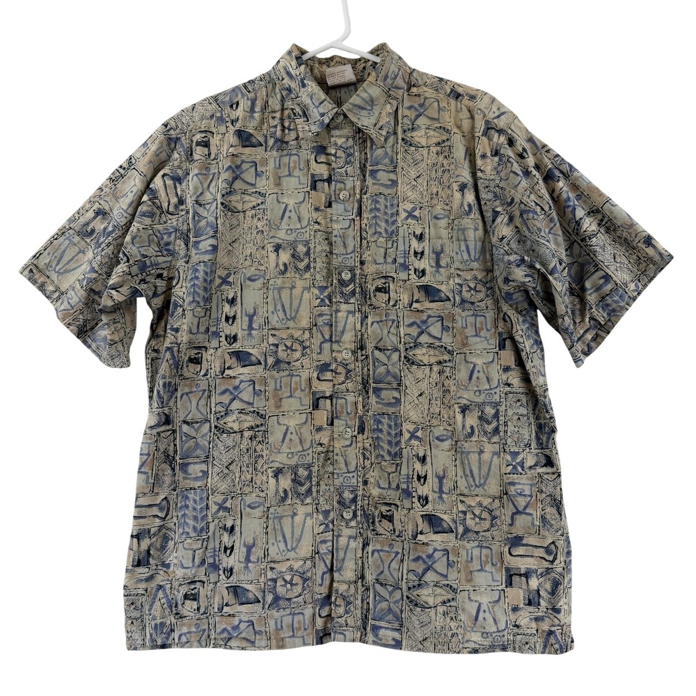 VTG Go Barefoot Shirt Mens Large‎ Beige Blue Hawaiian 100% Cotton Made USA Aloha